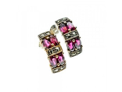 925 Sterling Silver Almandine & Marcasites Stud Earrings