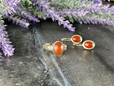 Vintage 925 Sterling Silver Dark Orange Jadeite Set