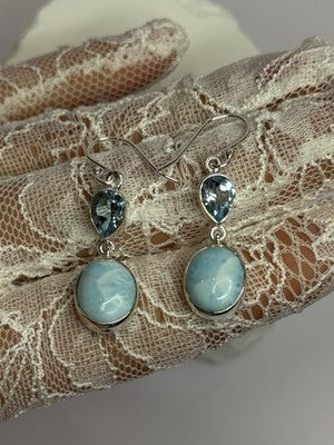925 Sterling Silver Larimar & Topaz Earrings Length 1.7 Inch