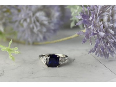 925 Sterling Silver Sapphire & CZ Ring Size 6.5
