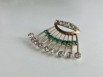 Vintage 925 Sterling Silver White & Green Jewelry Glass "Fan" Brooch