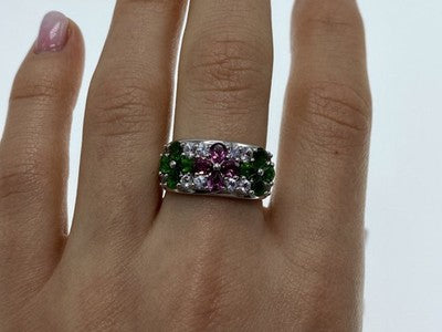 925 Sterling Silver Emerald, Pink Topaz & Goshenite "Flowers" Ring Size 7.5