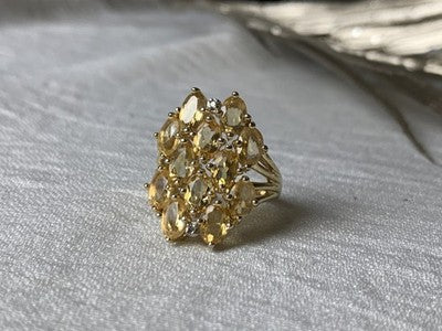 925 Sterling Silver Gold Plated Yellow Tourmalines & Diamonds Ring Size 8