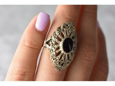 925 Sterling Silver Black Tourmaline & Marcasites Ring Size 6
