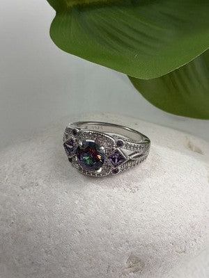 925 Sterling Silver Mystic Topaz & Amethyst & Beryl Ring Size 8