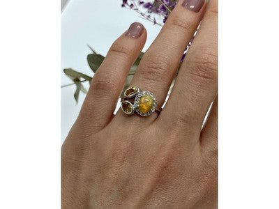 925 Sterling Silver Opal, Heliodor & CZ Ring Size 6