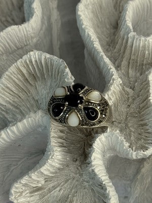 925 Sterling Silver Onyx Abalone & Marcasite Ring Size 10