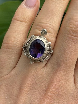 925 Sterling Silver Turtle Amethyst & Marcasite Ring Size 6