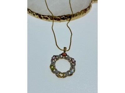 925 Sterling Silver Gold Plated Multi Gemstones "Spring" Chain With Pendant