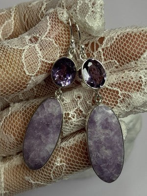 925 Sterling Silver Lepidolite & Amethyst Earrings Length 2.5 Inch
