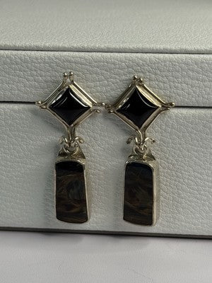 925 Sterling Silver Abalone & Onyx Earrings Length 1.50 Inch
