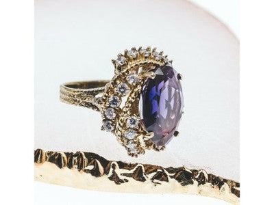 925 Sterling Silver Gold Plated Purple Spinel & CZ Ring Size 6