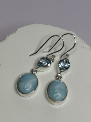 925 Sterling Silver Larimar & Topaz Earrings Length 1.7 Inch