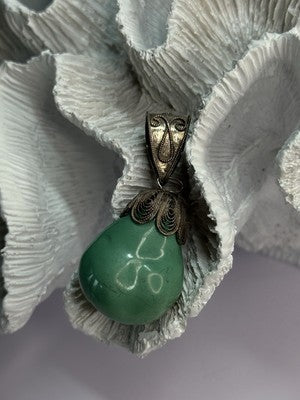 Vintage 925 Sterling Silver Malachite Pendant Length 2 Inch
