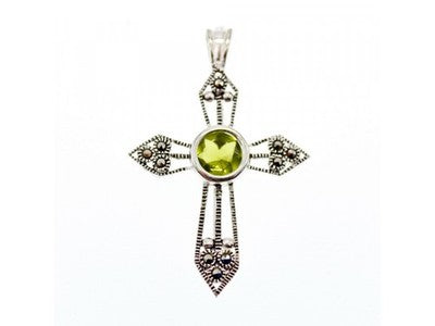 925 Sterling Silver Peridot & Marcasite Cross Pendant