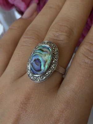 Vintage 925 Sterling Silver Abalone & Marcasite Ring Size 9