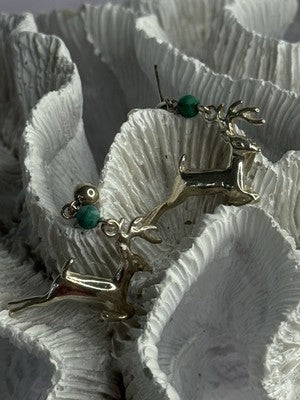 925 Sterling Silver Malachite Deer Earrings Length 1.40 Inch