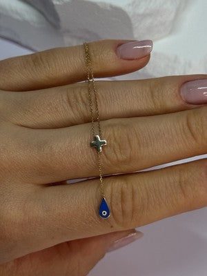 14K YELLOW GOLD CROSS EVIL EYE NECKLACE LENGTH 15 INCH