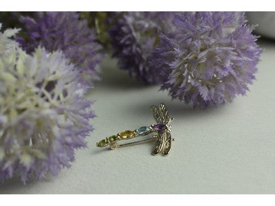925 Sterling Silver Multi Gemstones "Dragonfly" Brooch
