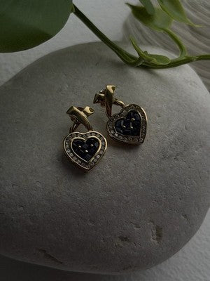Romantic 14K Yellow Gold Heart Sapphire & Diamond Earrings