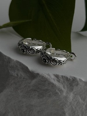 Vintage Floral Hoop Engraved Boho Western 925 Sterling Silver Earrings
