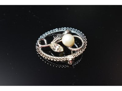 925 Sterling Silver Pearl and CZ "Flower" Brooch