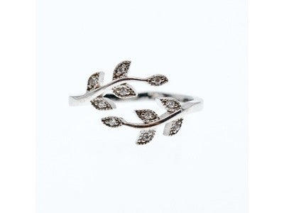925 Sterling Silver White Topaz "Foliage" Ring Size 7 (Adjustable)