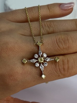 18K 750 YELLOW GOLD YELLOW & WHITE DIAMONDS 6.26 CT CROSSNECKLACE LENGTH 18 INCH