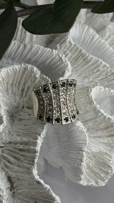 925 Sterling Silver Blue Sapphires & Clear Topaz Stones Ring Size 6