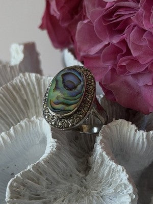 Vintage 925 Sterling Silver Abalone & Marcasite Ring Size 9