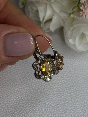 925 Sterling Silver Citrine Flower Earrings Length 1 Inch
