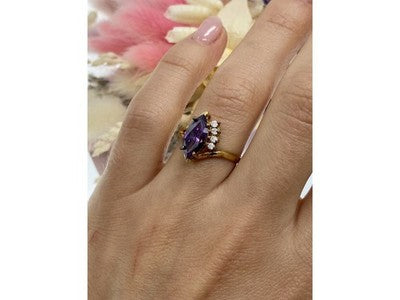 925 Sterling Silver Gold Plated Amethyst & CZ Ring Size 7