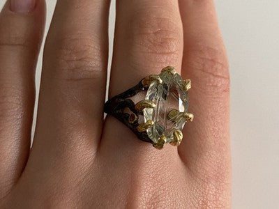 925 Blackened Silver With Gilding Green Amethyst & Heliodor Ring Size 9.75