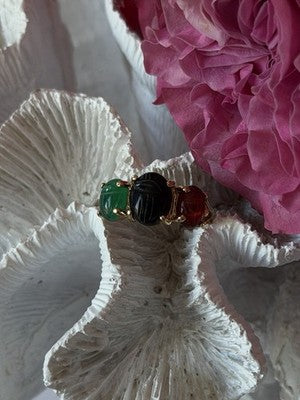925 Sterling Silver Gold Plated Carved Carnelian Onyx Jade Ring Size 7
