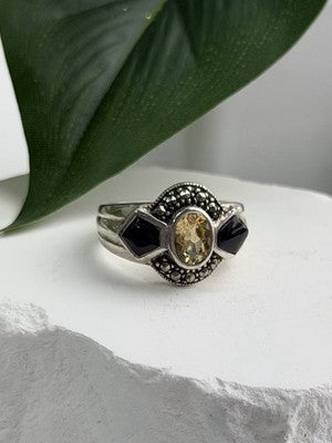 925 Sterling Silver Citrine & Onyx & Marcasite Ring Size 7