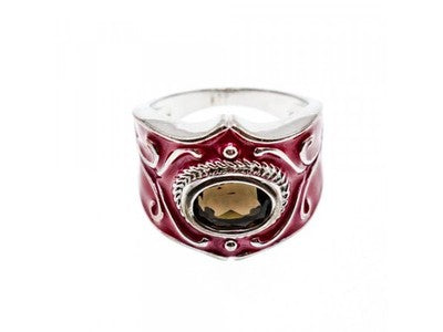 925 Sterling Silver Hessonite & Red Enamel Ring Size 9.5