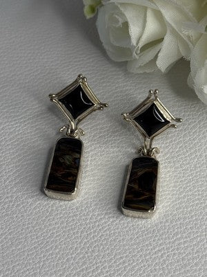 925 Sterling Silver Abalone & Onyx Earrings Length 1.50 Inch