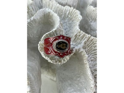 925 Sterling Silver Hessonite & Red Enamel Ring Size 9.5