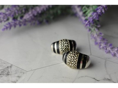 925 Sterling Silver Black Nephrite & Marcasites Earrings