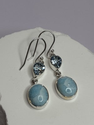 925 Sterling Silver Larimar & Topaz Earrings Length 1.7 Inch