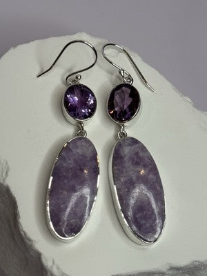 925 Sterling Silver Lepidolite & Amethyst Earrings Length 2.5 Inch