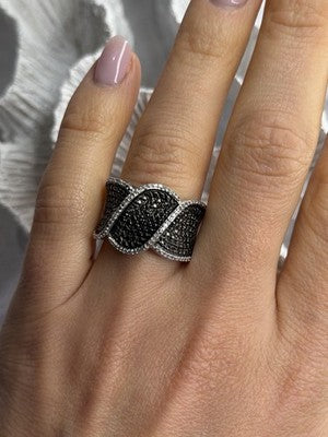 JWBR 925 Sterling Silver Black & White Diamonds Ring Size 7