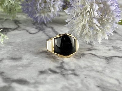 925 Sterling Silver Gold Plated Black Jade, Mother Of Pearl & CZ Ring Size 7