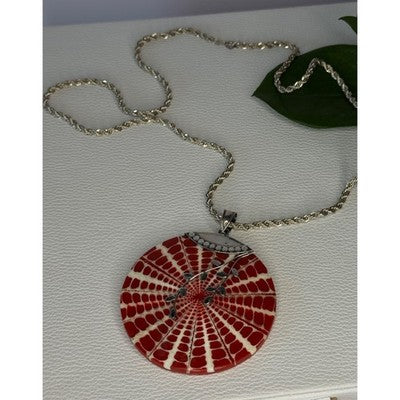 Vintage 925 Sterling Silver Red Shell Necklace Pendant Length 3 inch