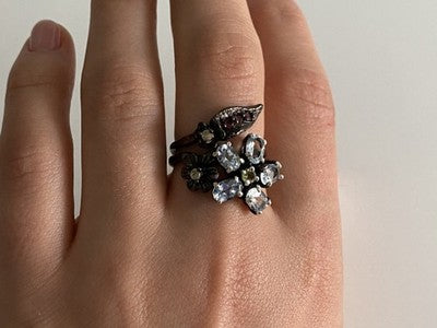 925 Blackened Silver Topaz, Garnet, Peridot & Opal Ring Size 8