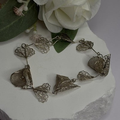 925 Sterling Silver Filigree Delicate Design Hearts & Lilies Bracelet 7