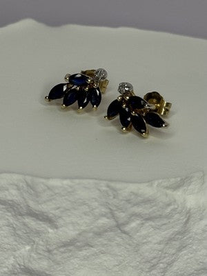 14K Yellow Gold Sapphire & Diamond Dream Earrings Length 0.4 Inch