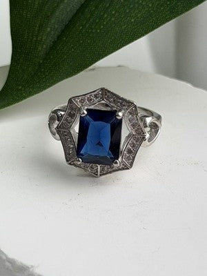 925 Sterling Silver Sapphire & Beryl Ring Size 5.5