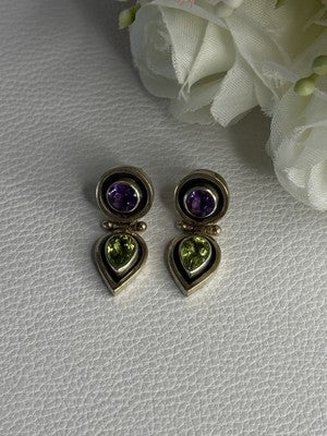 925 Sterling Silver Amethyst & Peridot Earrings Length 1 Inch