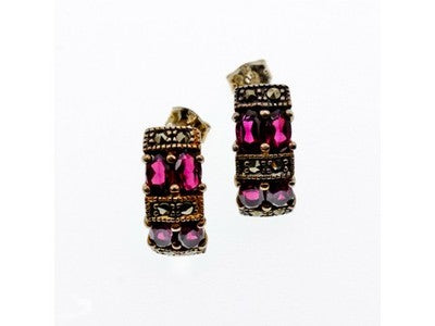 925 Sterling Silver Almandine & Marcasites Stud Earrings
